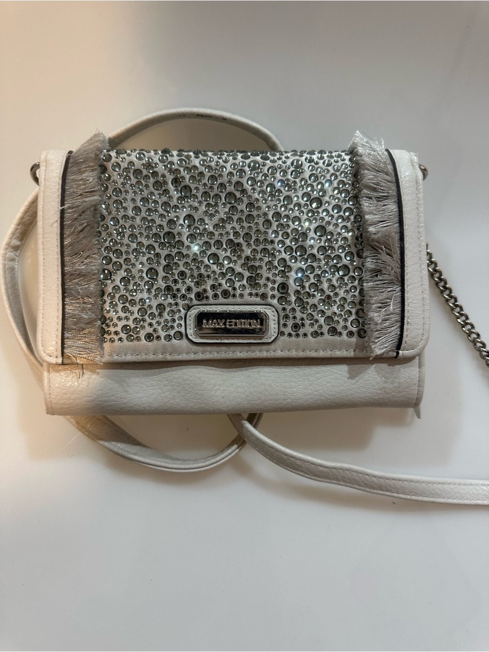 Max Edition White Rhinestone Fringe Crossbody Purse